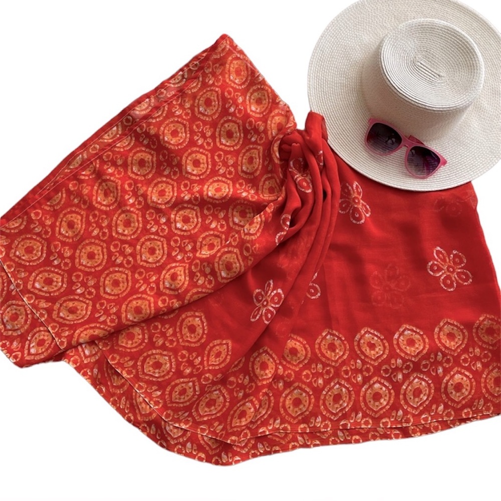 VINTAGE Sarong Handmade Printed Orange White Beach Coverup Maxi